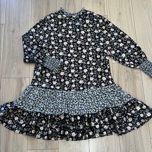 Code x Mode Black Floral Long Sleeve Satin Mini Dress with Pockets